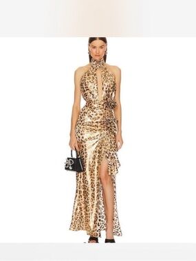Lovers + Friends Leopard Open Shoulder Halter Maxi Dress - Beige with 3D Floral